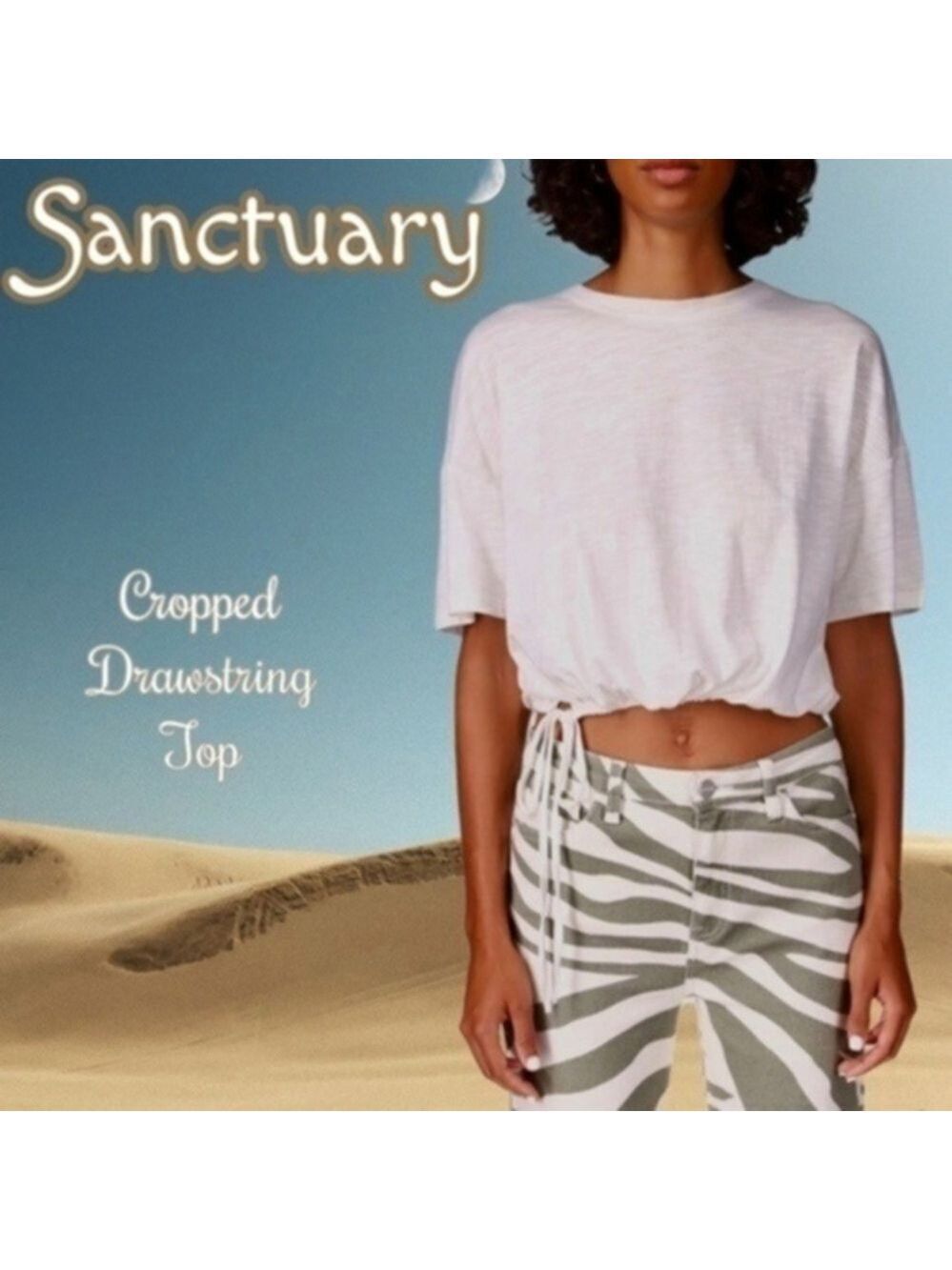 SANCTUARY Short Sleeve Cropped Drawstring-Hem Relaxed Top-White NWT/XXL